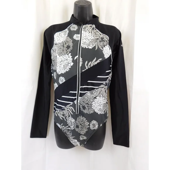 JOYLAB BLACK WHITE FLORAL LONG SLEEVE SWIMSUIT RASH GUARD XL - Picture 2 of 7